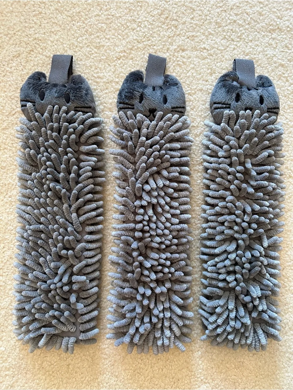Norwex Baclock Grey Kitten Chenille Kids Hand Towels NWOT Retired Lot of 3